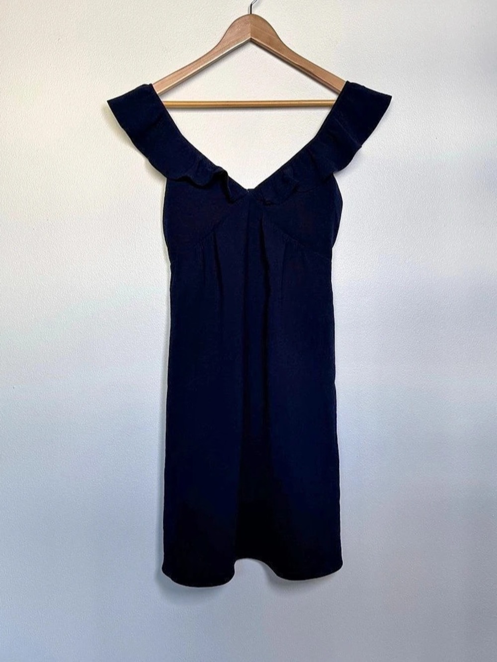 Sezane Olymea Ruffle Mini Dress Navy Deep Blue Sz 34 XS (2) Off Shoulder Date